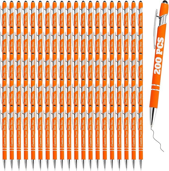 Personalized Pens Bulk 200 with Name Custom Engraving Ballpoint Pens with Stylus Tip Customized Smooth Writing Pens Personalized Gifts for Anniversary Birthday or Graduation(Orange,Black Ink)