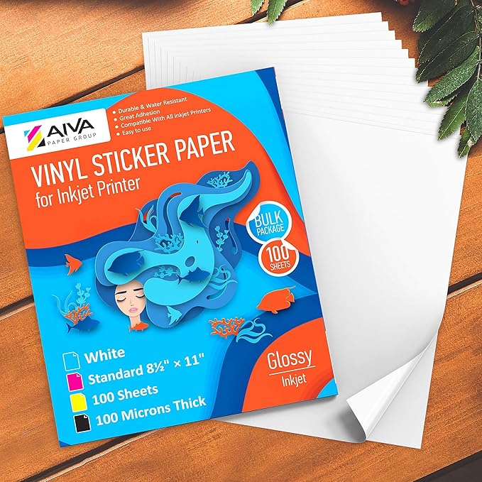 Printable Vinyl Sticker Paper - Waterproof Decal Paper for Inkjet Printer - 100 Self-Adhesive Sheets - Glossy White - Standard Letter Size 8.5"x11"