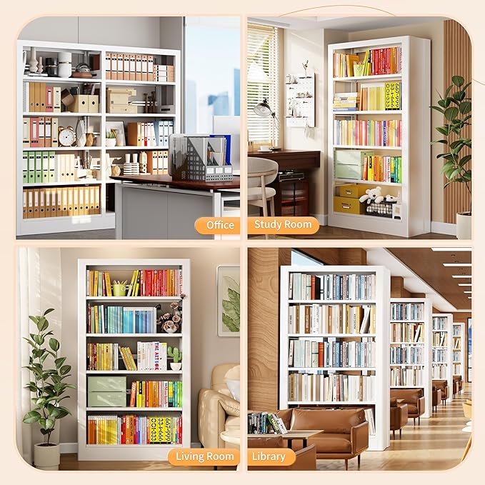 5-Tier Adjustable Bookcase, Heavy Duty Bookshelf with Book Stopper, Metal Bookcase for Library, Office, Living Room