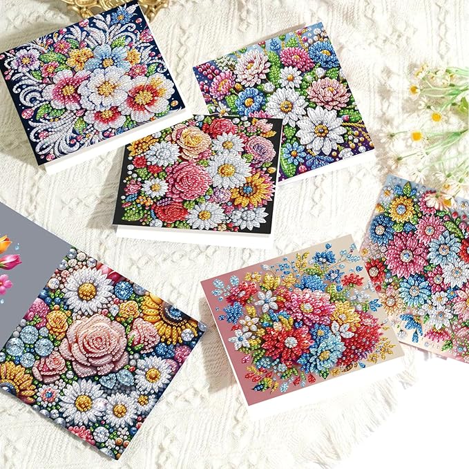 6 pcs Diamond Art Painting Greeting Card Kits - Beautiful Floral Design with Fine Glitter, 5D DIY Creative Special Shaped Diamonds Greeting Cards for Birthday Holiday Congratulations Crafts Gifts
