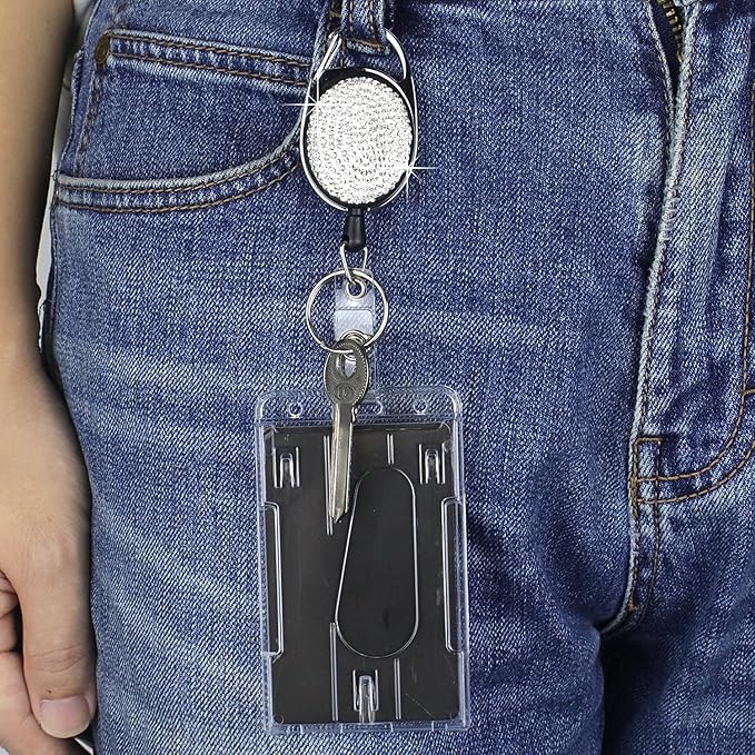 VIQWYIC 2 Pack Retractable ID Badge Holder with Clip, Bling Badge Reels with Clear Card Holders for Office Worker Teacher Doctor Nurse (Silver)