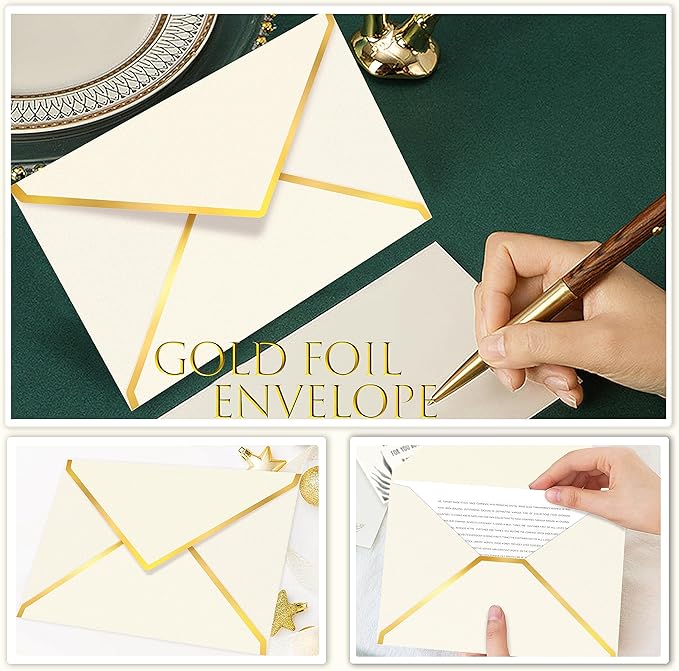 60 Pack Gold Envelopes 5x7 Bulk Beige, 250G Pearled Cardstock A7 Envelopes for Invitations Business Mailing Envelope with Gold Foil Border, A6 4x6 Envelopes for Wedding Baby Shower Cards