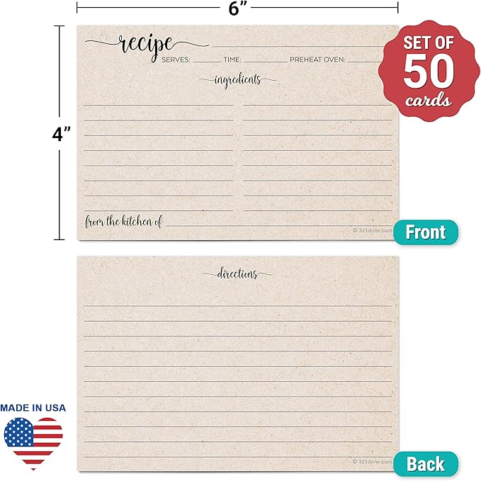 321Done Recipe Cards (Set of 50) 4x6 - Rustic Kraft Tan - From the Kitchen Of - Large Double-Sided Premium for Weddings, Bridal Shower, Baby - Made in USA - Minimalist