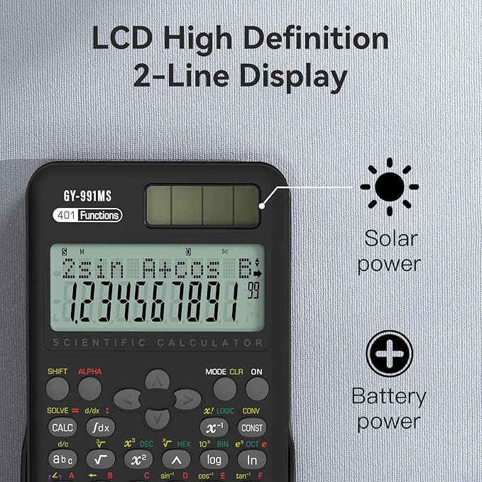 Scientific Calculator School Supplies, ROATEE 991MS 401 Functions 2-Line Display Desktop Calculator with Sliding Cover, Solar Battery Dual Power Kawaii for Middle High School Student and Teacher Black