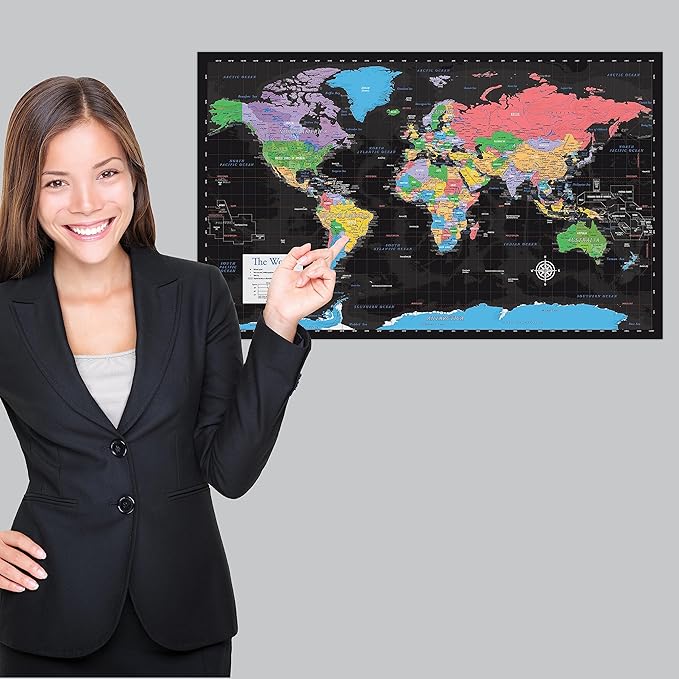 2 Pack - Laminated World & US Map Poster Set - Wall Chart Map of the World & United States - Made in the USA [Black]