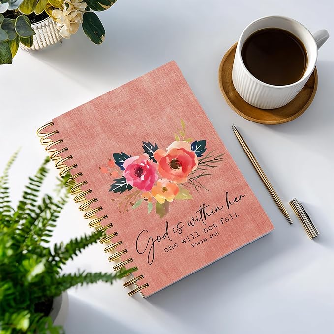 Bible Notebook, A5 Spiral Christian Journal Pink Floral Notebook, Bible Verse-God is Within Her She Will Not Fall, Inspirational Notebooks for Women, Bible Study, Gift for Birthday Christmas