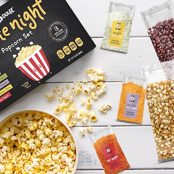 Popcorn Movie Night Supplies Popcorn Kernels Popcorn Seasoning 16 Pack, 5 Gourmet Popcorn Kernels, 5 Popcorn Seasoning Variety Packs Non-GMO Snacks, Includes 6 Bags, Gift Basket Idea