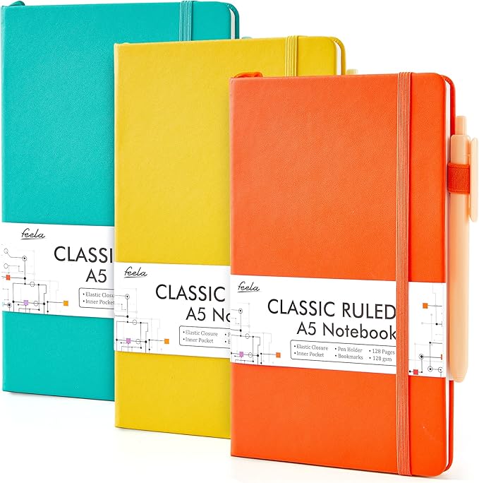 feela Hardcover Notebook For Work, Classic Ruled Lined Journal Set School Business Supplies, with 3 Black Pens, 120 GSM, 5.1”x8.3”, 3 Pack, A5, Solid Colors, Yellow, Orange, Emerald