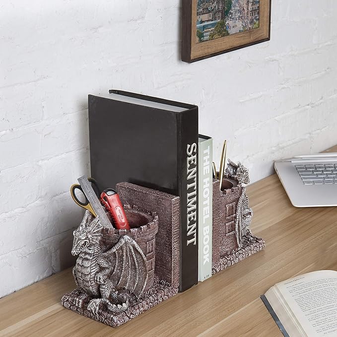 MyGift Dragon Guard Castle Resin Decorative Bookends for Heavy Books with Pencil Holders, Fantasy Themed Book Holder for Home and Office