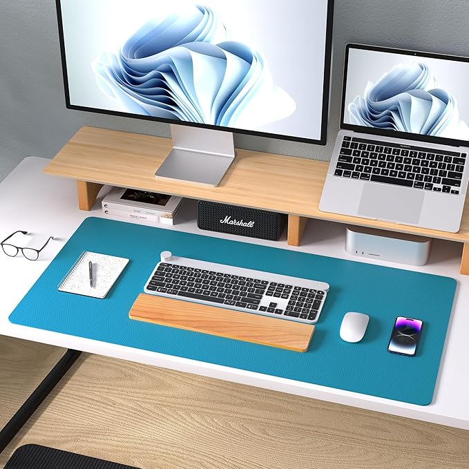 Aothia Leather Desk Pad Protector, Mouse Pad, Office Desk Mat, Non-Slip PU Leather Desk Blotter, Laptop Desk Pad, Waterproof Desk Writing Pad for Office and Home (Turquoise,31.5" x 15.7")