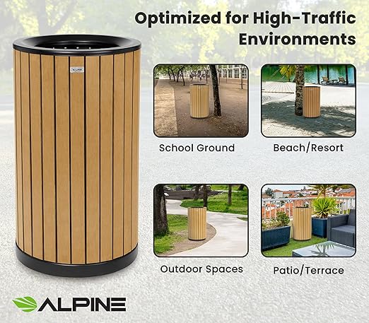 Alpine 32 Gallon Commercial Outdoor Trash Can - Heavy Duty Garbage Can Outdoor, Industrial Open Top Trash Can with Plastic Panels for Patio, Parks, Trails, Resorts (Flat Lid - Cedar)