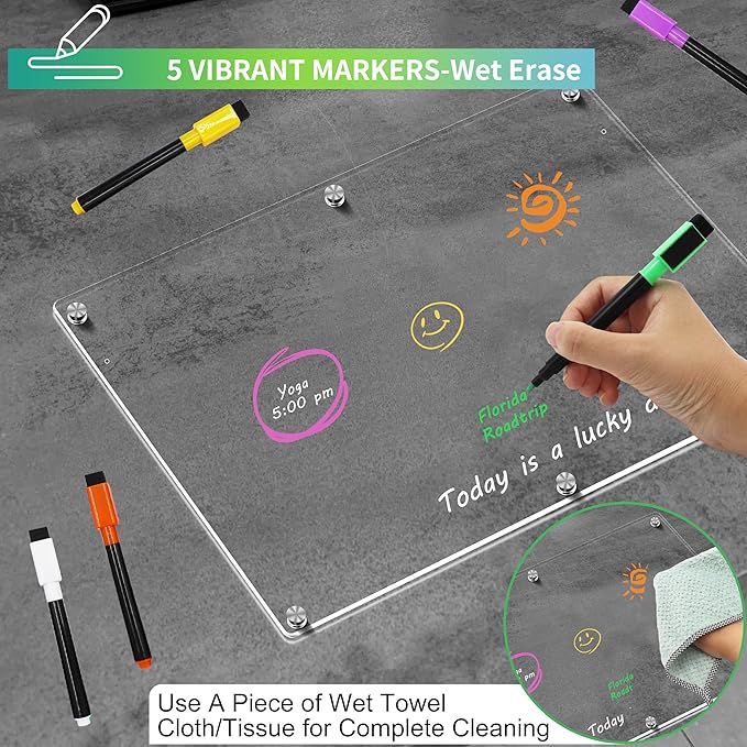 Acrylic Magnetic Dry Erase Board for Fridge, 16"x12" Clear Fridge Whiteboard to Do List White Board for Refrigerator Weekly Meal Planner Menu Board for Kitchen Fridge Calendar 3 Pcs