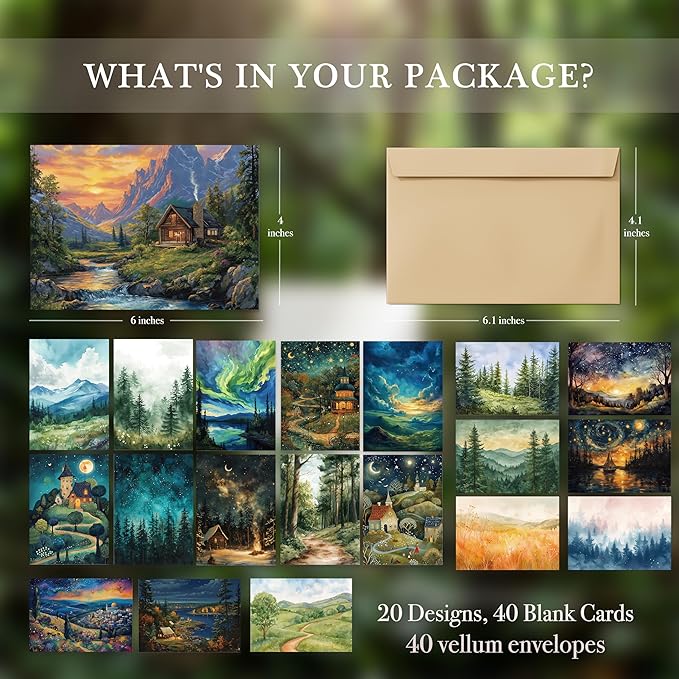 Blank Cards with Envelopes All Occasion,Whimsical Watercolor illustration Design Blank Greeting Cards 4x6,40Pack -Blank Greeting Cards,Note Cards with Matching Peel-and-Seal Rustic Envelopes