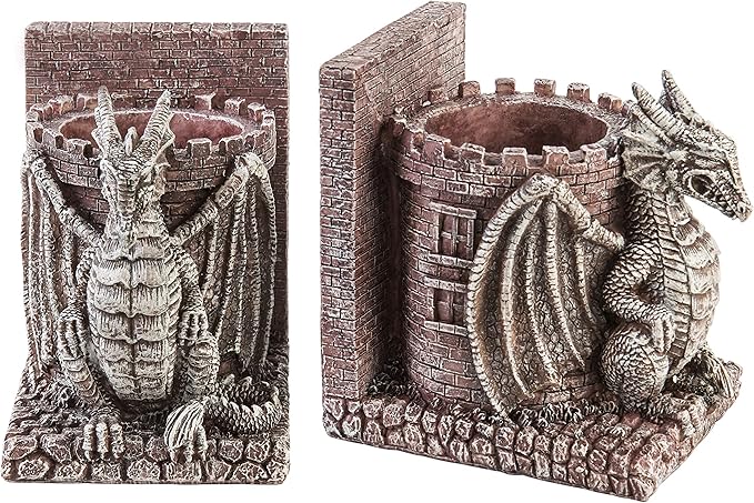 MyGift Dragon Guard Castle Resin Decorative Bookends for Heavy Books with Pencil Holders, Fantasy Themed Book Holder for Home and Office