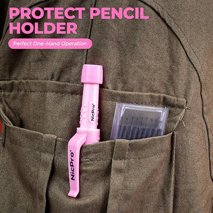 Nicpro CP3000 Carpenter Pencil with Sharpener, Construction Mechanical Pencils with 19 Refills, Heavy Duty Construction Pencil, Pink Woodworking Tools For Women, Great for Marking On Wood, Metal