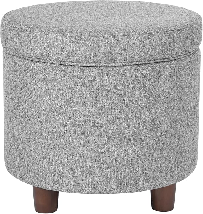 Homepop Home Decor | Upholstered Round Storage Ottoman | Ottoman with Storage for Living Room & Bedroom, Light Gray Tweed