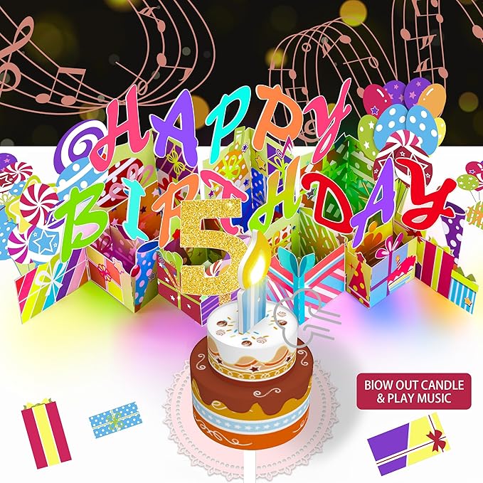 Gumry 5TH Musical Birthday PopUp Card, Blowable Colorful Light Candle 3D Cards with Song, Applause Cheers Sound, Greeting Cards Birthday Gifts Decorations for Daughter Son Turning 5 Years Old