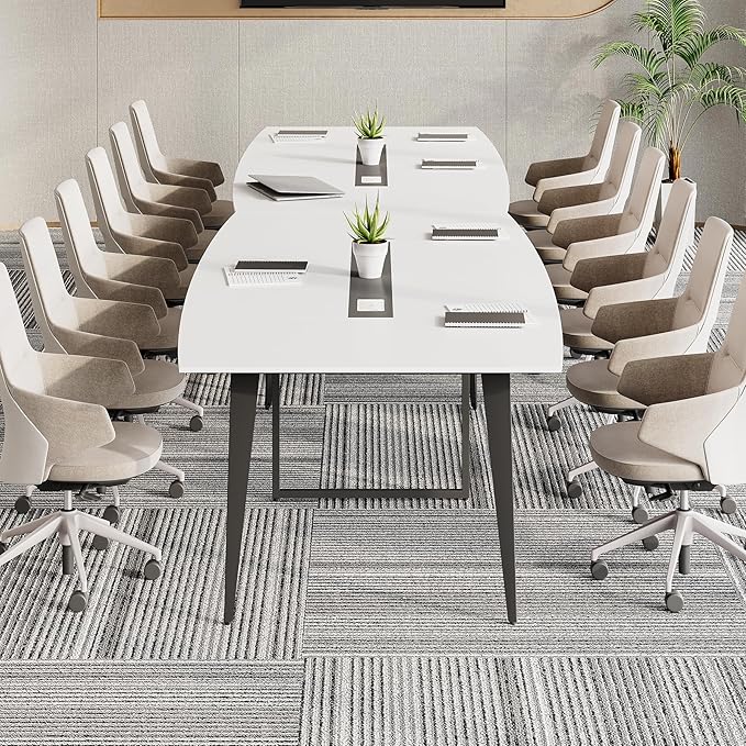 LITTLE TREE 8FT Conference Room Table, 94.48L x 47.21W x 29.52H Boat Shaped Meeting Table, White&Black