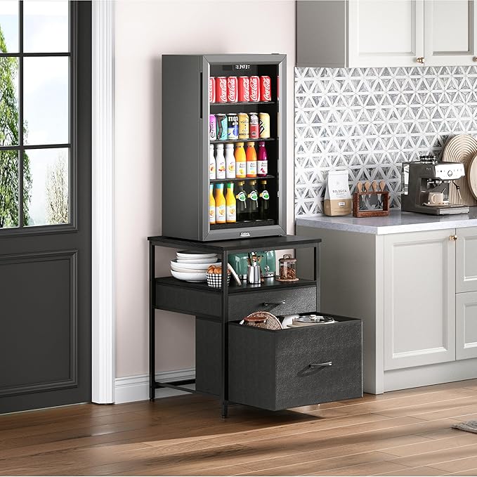 Mini Fridge Stand with 3 Storage, Mini Fridge Cabinet, Beverage Fridge Table, Heavy Duty 21.3" L* 22.7" W Tabletop, for Dorm, Apartment,Office, Bedroom Black HB01BXB