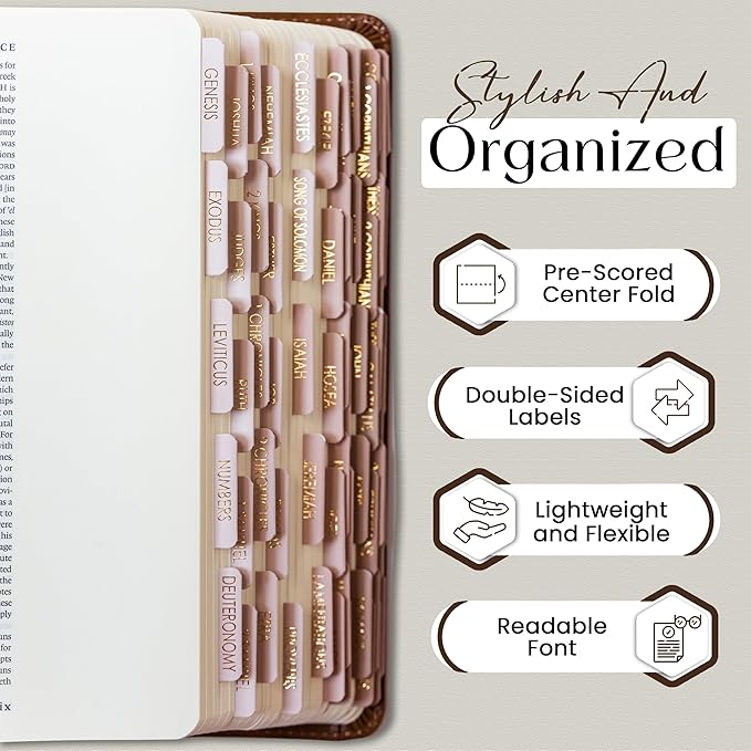 Bible Tabs for Women Study Bible, Embossed Matte Catholic Bible Tabs Gold, Laminated Bible Tabs, Bible Book Tabs w/Old & New Testament Neutral Bible Labels Tabs, Perfect Bible Study Supplies Oak