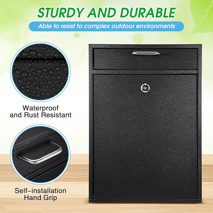 Locking Mailbox with Key for Outdoor 16.2 x 11.2 x 4.7 Inches Large Wall Mount Mail Box with Lock Security Mail Drop Metal Collection Boxes Hanging Secure Postbox(Black)