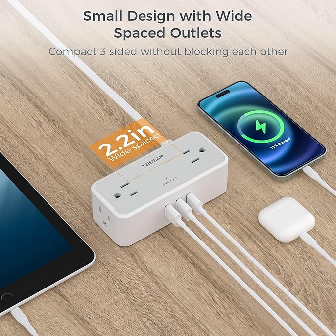 Ultra Thin Flat Plug Extension Cord 10 ft, TESSAN Surge Protector Power Strip with 4 Widely Space AC Outlets 3 USB Charging Ports, 900 Joules Protection for Home Office School Dorm Room