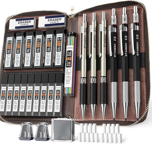30PCS Art Mechanical Pencil Set with Leather Bag, Metal Artist Lead Pencil 0.5, 0.7, 0.9 mm, 3PCS 2mm Sketching Pencil (4H 2H HB 2B 4B 6B Color) with 464PCS Graphite Lead Refills for Drawing