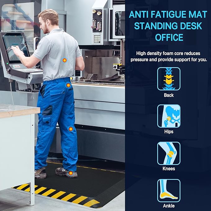 FEATOL Anti Fatigue Mats Industrial 4 Packs, Ergonomic Standing Floor Mat for Work for Stand, Black with Yellow Border Safety 24" x 70"-Support for Leg & Back Pain