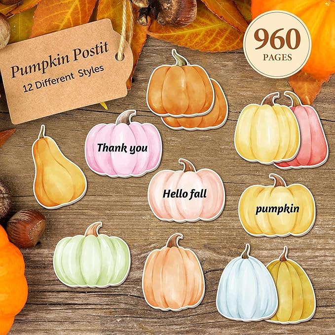 48Pcs Fall Boho Pumpkin Sticky Note Colorful Watercolor Pumpkin Shaped Self-Adhesive Removable Work-Study Memo Note for School Office Supplies Student and Teacher Gift 12 Style Total 20 Sheet Each