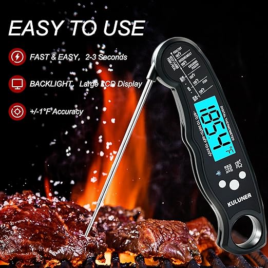 TP-01 Waterproof Digital Instant Read Meat Thermometer with 4.6 Folding Probe Backlight Calibration Function for Cooking Food Candy, BBQ Grill, Liquids,Beef(Black)