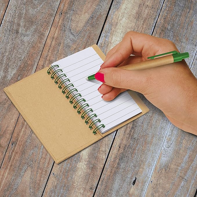Mini Spiral Notebooks with Black Ink Pens Set of 10, Bulk Pack - Perfect for School, Office, Business, Home - Green
