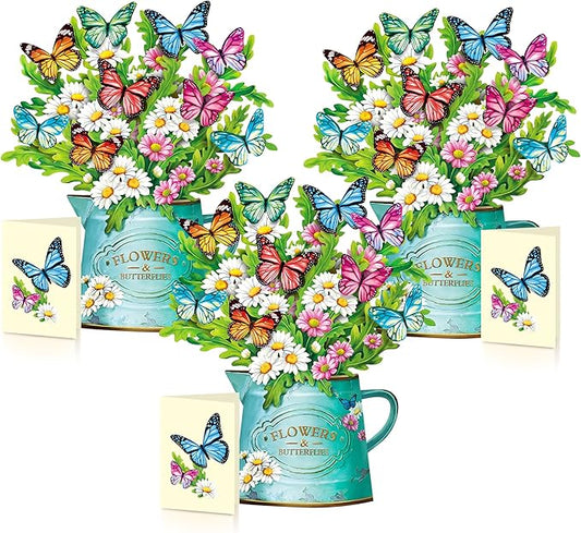 Airpark Pop Up Flower Cards, 3 Packs, Daisies and Butterflies,12inch Forever Flower Bouquet 3D Popup Greeting Cards with Blank Note Card and Envelope for Birthday, Easter, Mother's Day