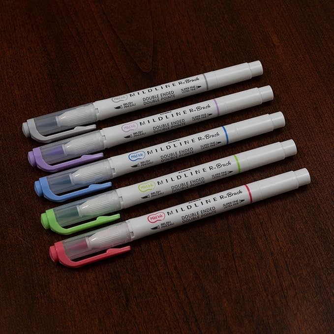 Zebra Pen Mildliner Brush Marker, Double Ended Brush and Fine Tip Pen, Assorted Cool and Refined Colors, 5 Pack