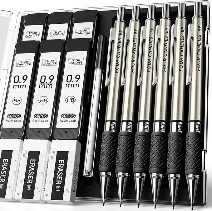 Four Candies Metal Mechanical Pencil Set - 6PCS 0.9mm Art Mechanical Pencils & 360PCS HB Lead Refills & 3PCS Erasers & 9PCS Eraser Refills, Drawing Mechanical Pencils for Writing, Sketching -With Case