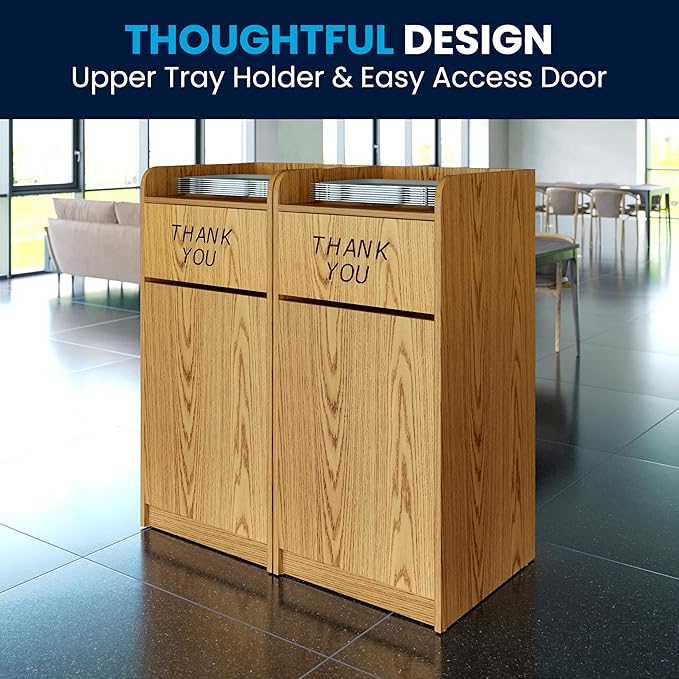 Flash Furniture Sony Laminate Wood Commercial-Grade Trash Receptacle with Tray Top, Wooden Restaurant Trash Can Cabinet and Garbage Receptacle, Oak