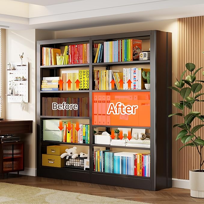 5-Tier Bookcase with Adjustable Storage Shelves, Metal Bookshelf with Book Stopper, Bookcase Shelf for Library, Office, Living Room (Black-2)