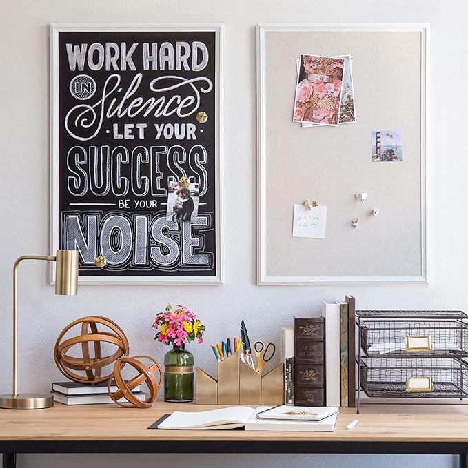 U Brands Farmhouse Linen Bulletin Board, 30"x20", White Wood Style Frame, Includes Push Pins