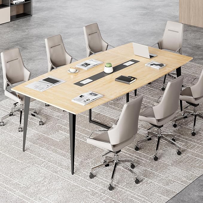 LITTLE TREE 8FT Conference Room Table, 94.48L x 47.21W x 29.52H Boat Shaped Meeting Table, Light Walnut