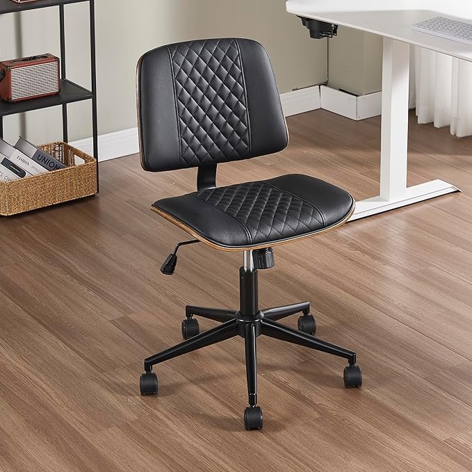 Small Home Office Chair - Armless Mid Back Desk Chair with 360° Swivel and Wheels, PU Upholstered Height Adjustable Modern Walnut Computer Chair for Home, Office Meeting Room - Black