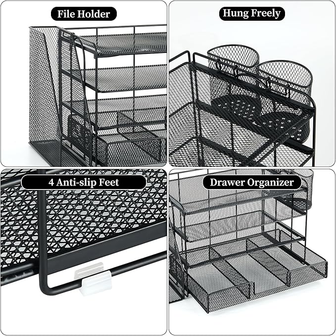 gianotter Desk Organizers and Accessories with File Holder, 4-Tier Desk Accessories & Workspace Organizers with Drawer and 2 Pen Holder, Paper Organizer for Office Supplies (Black)