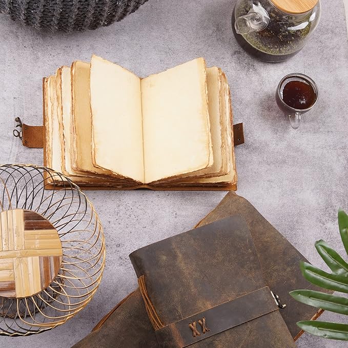 LEATHER VILLAGE Leather Bound Vintage Journal for Women & Men - Book of Shadows - Lock Closure - 200 Pages of Antique Deckle Edges Handmade Paper - Rustic Brown Color - 13 X 8 (A4) inches