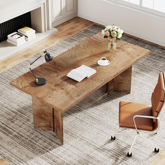 Tribesigns 63-inch Executive Desk, Vintage Home Office Computer Desk with Large Tabletop, Farmhouse Wood Writing Conference Table Workstation for Office, Study, Light Oak Brown