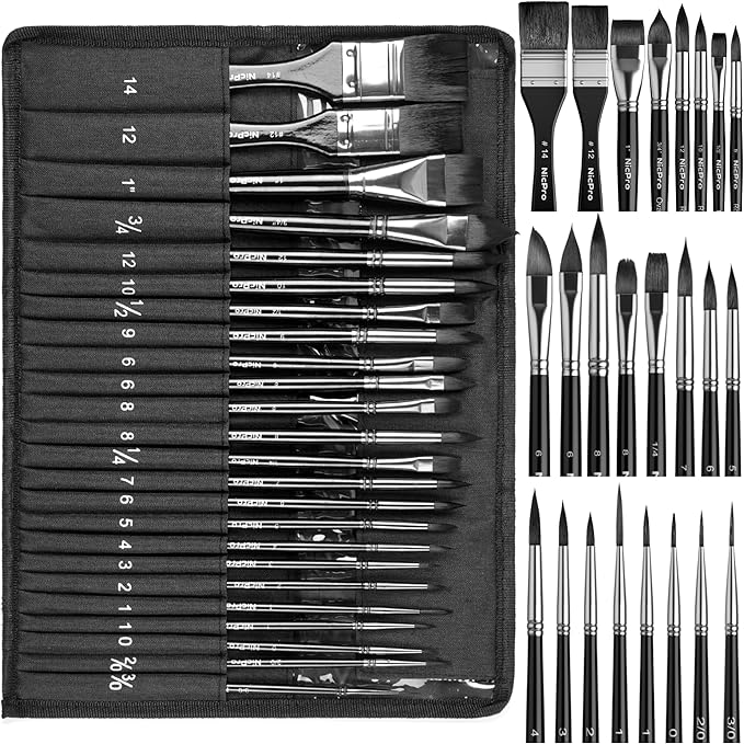 Nicpro 24pcs Watercolor Brushes Professional, Soft Synthetic Squirrel Hair Watercolor Brush Set with Cloth Roll, Round, Liner, Flat, Filbert, Dagger, Cat Tongue for Water Color Gouache Inks Painting