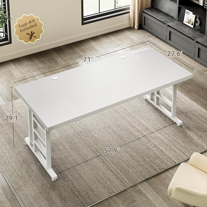 Coleshome 71 Inch Executive Desk with USB Ports, Large Computer Desk with Extra Thick, Long Mordern Office Workstation, Business Furniture for Home Office, White