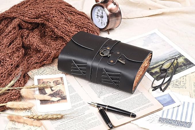 LEATHER VILLAGE Vintage Leather Journal – 200 Handmade Vintage Deckle Edge Paper – Leather bound Journal For Women Men – Vintage Key Closure - Book of Shadows - Black - 6X4 inches (A6)