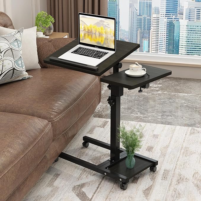 Laptop Desk Bed Desk Laptop Stand for Bed Portable Desk Overbed Bedside Table Mobile Laptop Table Rolling Desk Foldable Table Adjustable Height with Locked Wheels & Mouse Pad Table for Bed Office Sofa