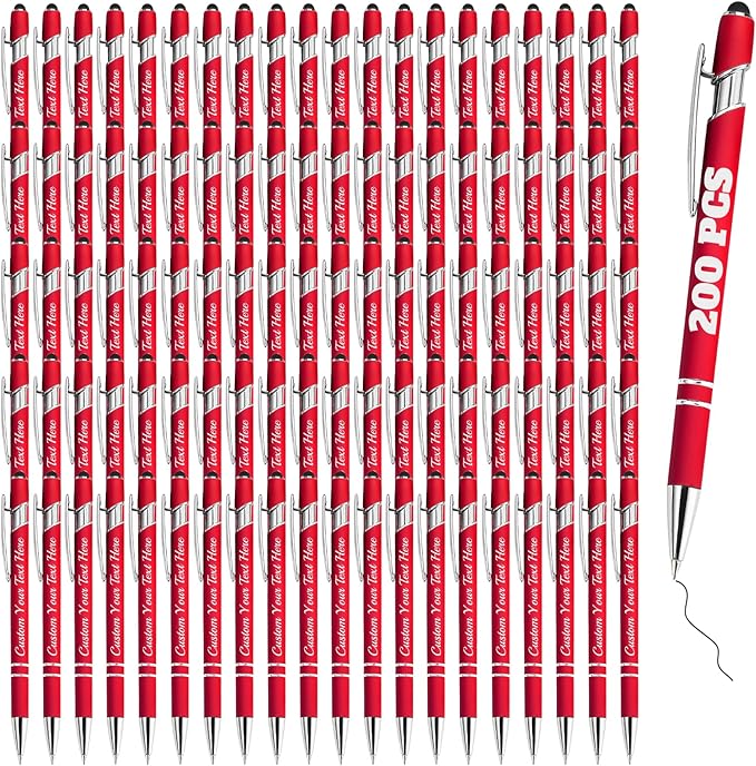 Personalized Pens Bulk 200 with Name Custom Engraving Ballpoint Pens with Stylus Tip Customized Smooth Writing Pens Personalized Gifts for Anniversary Birthday or Graduation(Red,Black Ink)