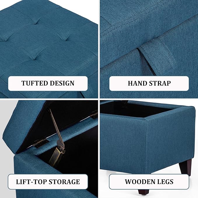 Adeco Square Fabric Storage Ottoman with Tufted Flip Top, 18x18x15