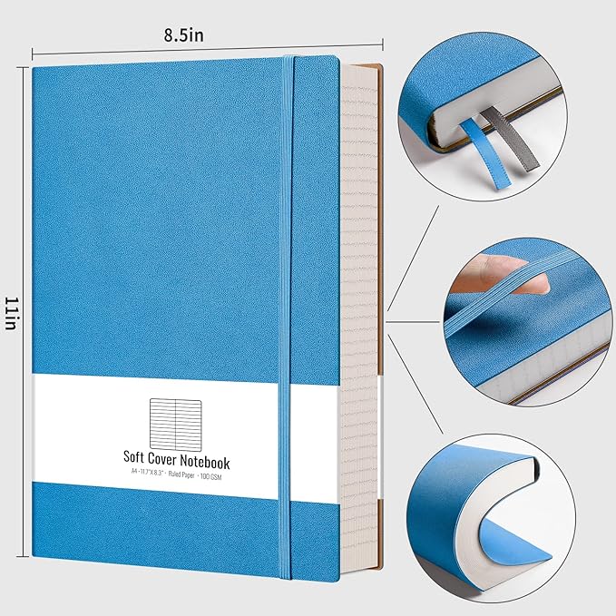 AHGXG Lined Journal Notebook - Thick Journal 320 Pages, A4 Large Notebook College Ruled, 8.5''×11'', 100gsm Thick Paper, Leather Softcover Notebook for Work School - Blue