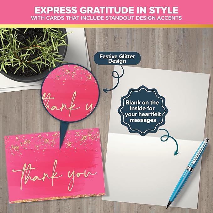 Decorably 24 Pack Glittery 6x4in Pink Thank You Cards with Envelopes and Stickers, 6 Elegant Designs Pink Thank You Notes, Blank Inside - Wedding, Baby Shower, Birthday